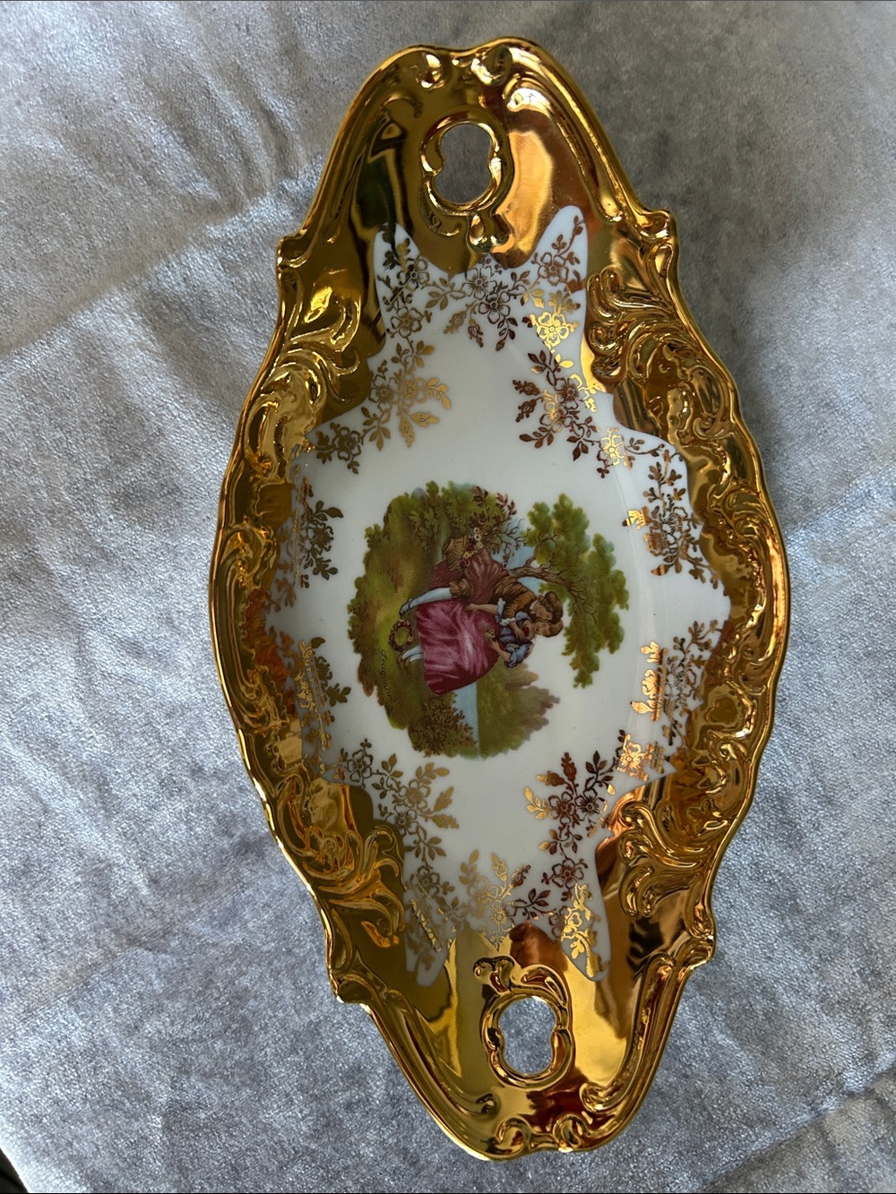 Gold-Trim Decorative Porcelain Serving Tray with Vintage Scene
